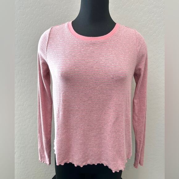 GAP | GapBody Pink & Gray Striped Lettuce Hem Long Sleeve Tee | Size XS - Picture 2 of 6